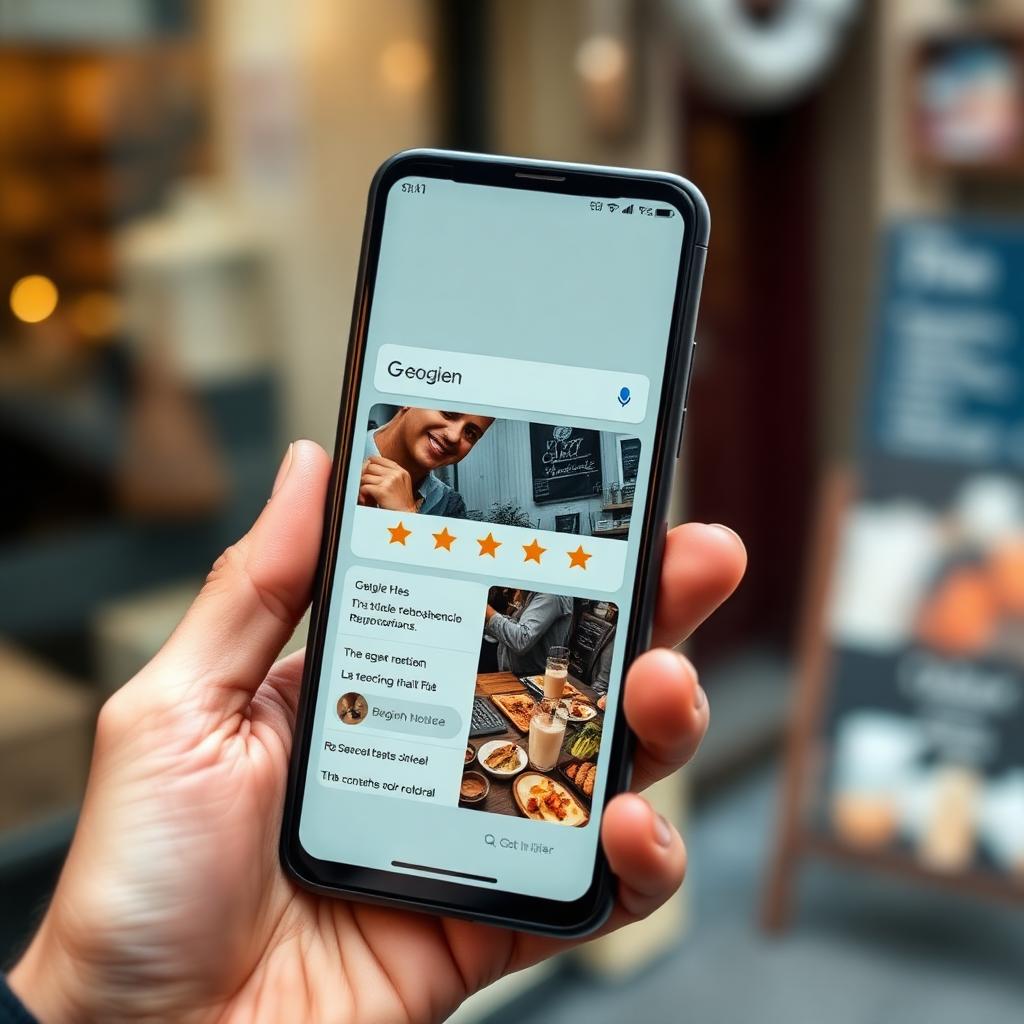 Telefoon met een Google-resultaat van een lokale zaak met sterren.