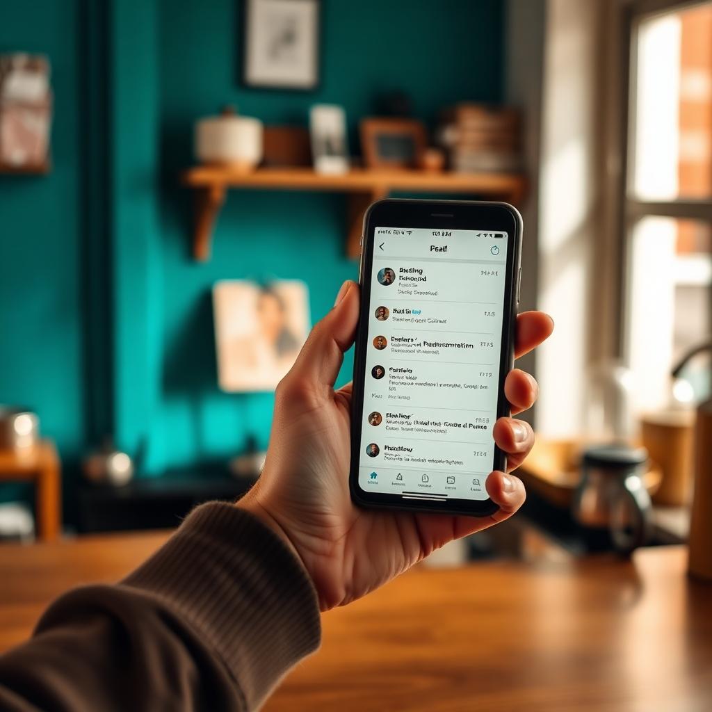 Hand achter de toonbank met een telefoon waarop de mailbox van de zaak openstaat.