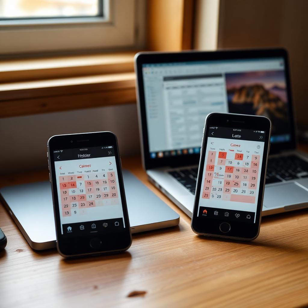 Een werkbank met laptop en telefoon naast elkaar, dezelfde agenda op beide schermen.