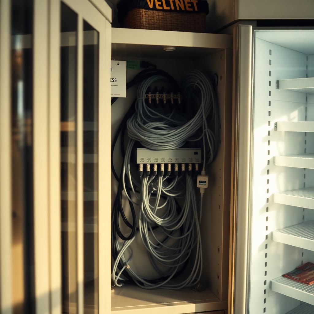 Nette technische kast naast een koeltoog met een kleine sensor.