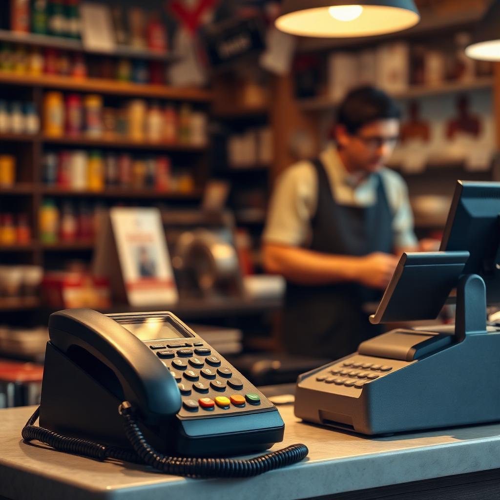 Rinkelende telefoon naast de kassa terwijl de zaakvoerder rustig verder helpt aan de toonbank.